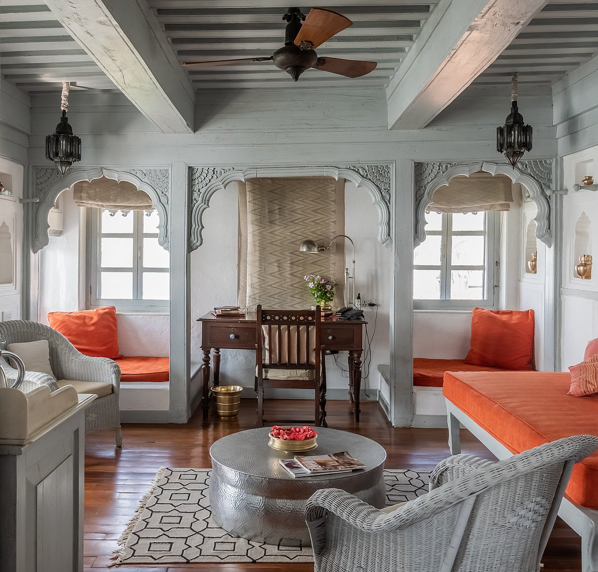 The Narmada suite is spacious and filled with light coming through multiple windows